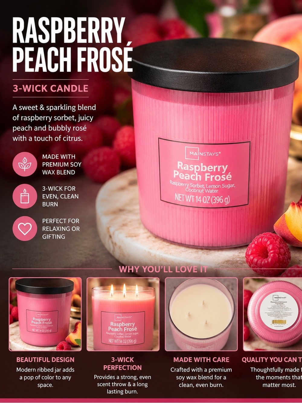 Mainstays Raspberry Peach Frosé 3-Wick Candle - Bright Pink with Black Lid